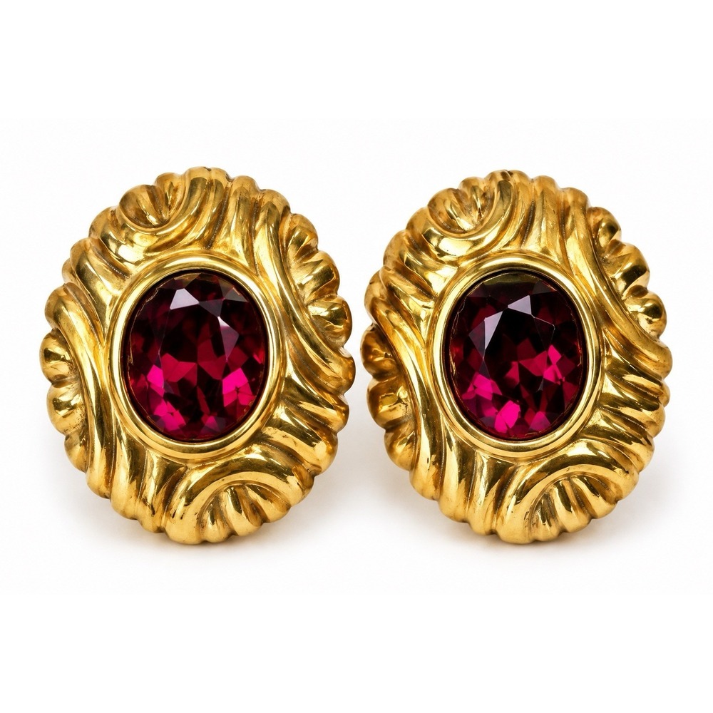 Vintage Monet Gold Tone Red Rhinestone Clip On Earrings Oval 1" Signed